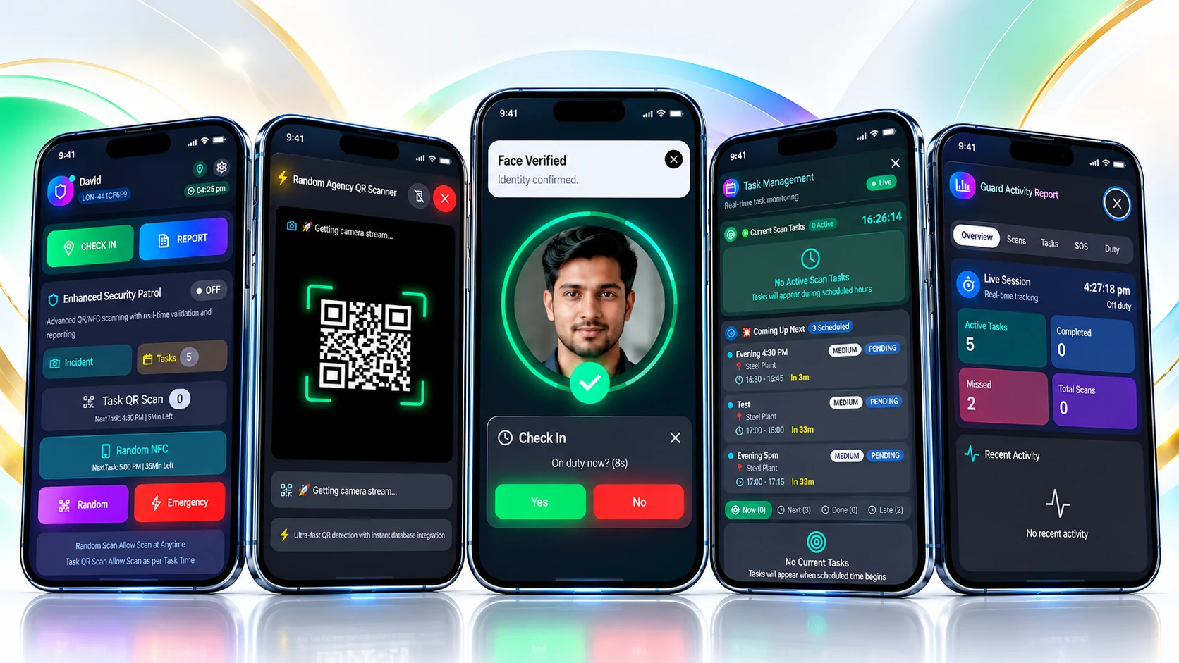 Security guard app screens for attendance, patrol checkpoints, incidents and SOS