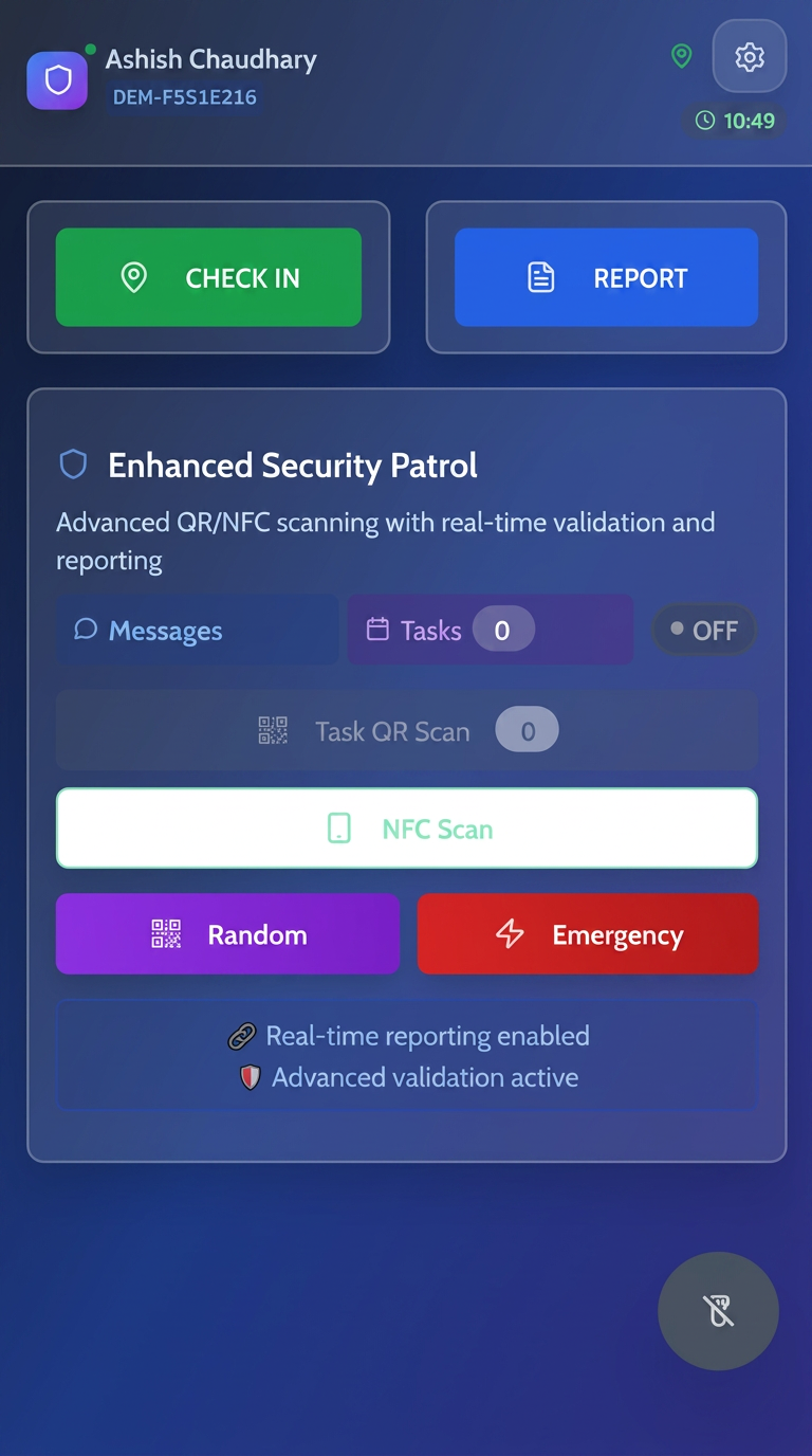 Guard patrol app showing live guard tracking and QR checkpoint scanning
