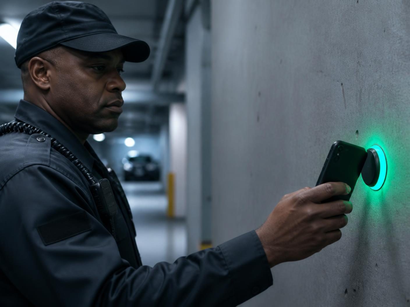 Security guard tapping an NFC checkpoint tag with the guard tour system app