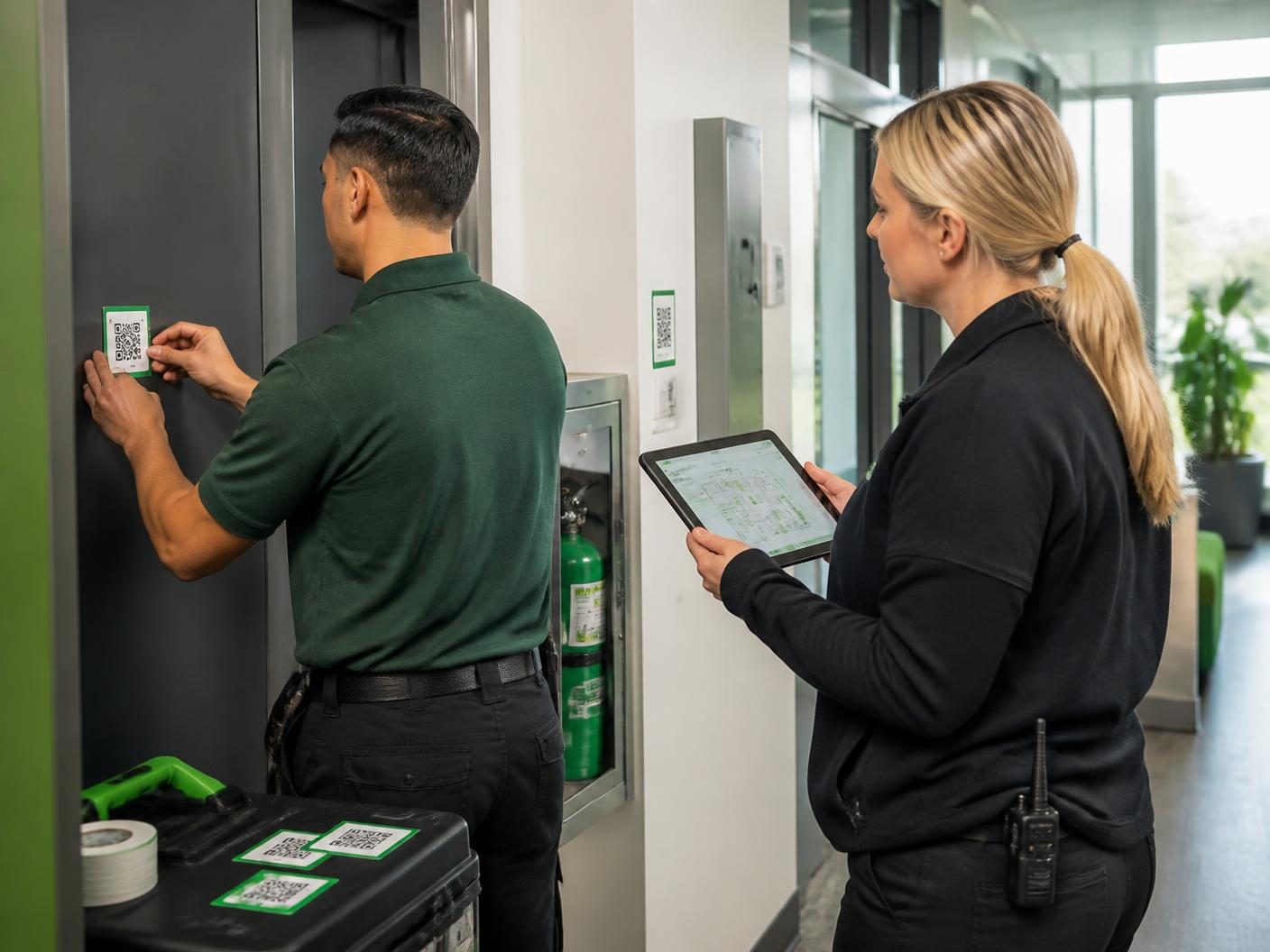 Technician installing printed QR checkpoints while a supervisor maps the patrol route